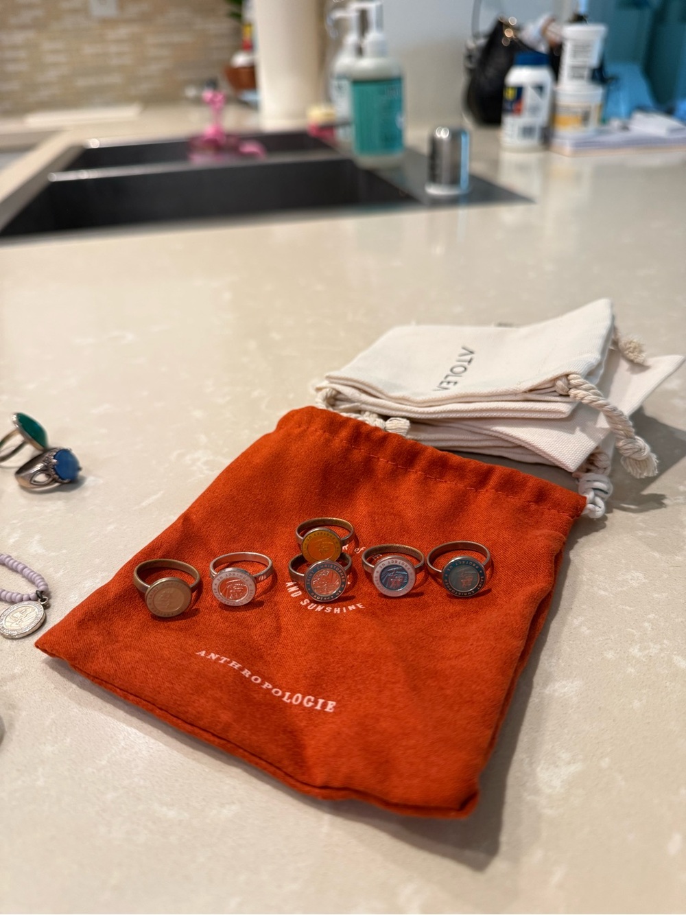 Anthropologie Stackable Coin Rings Set — Orange, Yellow, Blue, Gray